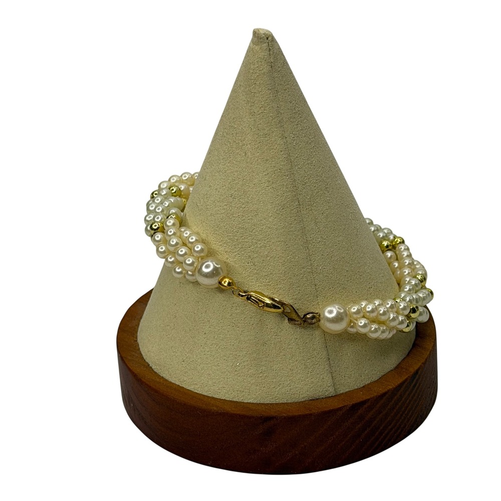 Triple Strand Faux Pearl Bracelet Gold‎ Tone Spacer Beads White Classic Chic - Picture 3 of 6